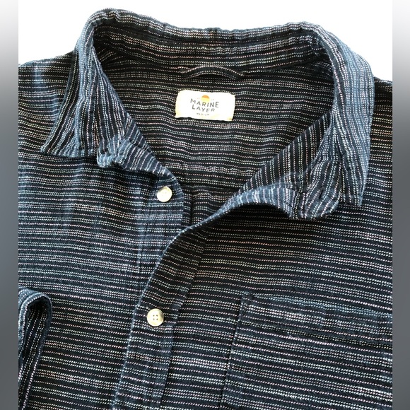 Marine Layer Simple Stripe Selvage Shirt in Mood Indigo/White Stripe.100% Cotton - Picture 2 of 10